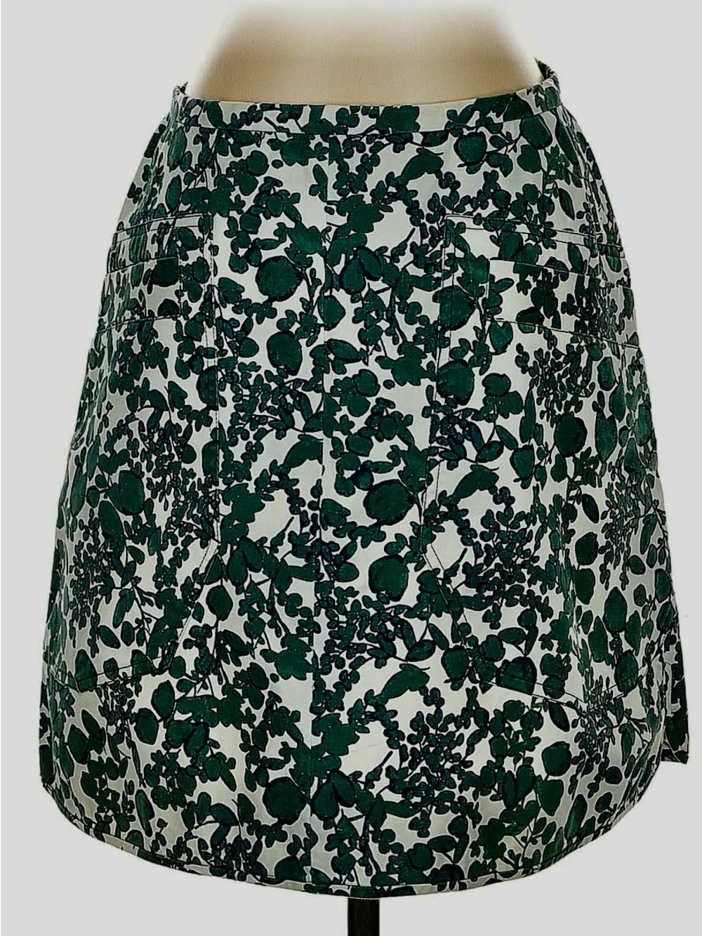 Tory Burch Green Floral Print A-Line Skirt on white.
